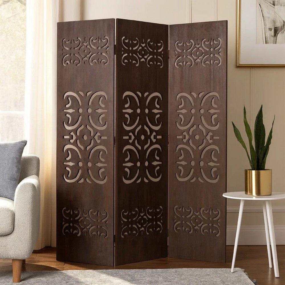 3 Panel Shinto Cut Out Design Foldable Room Divider, Brown