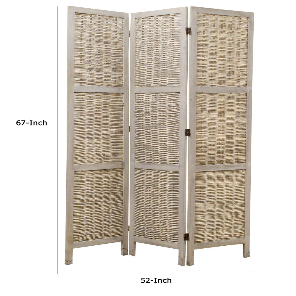 Cottage Style 3 Panel Room Divider with Willow Weaving Gray BM26577