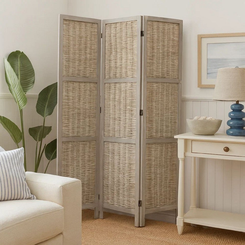 Cottage Style 3 Panel Room Divider with Willow Weaving, Gray