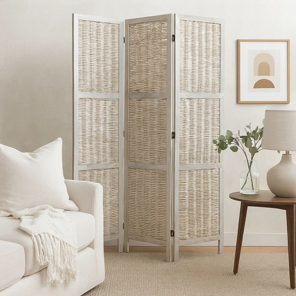Cottage Style 3 Panel Room Divider with Willow Weaving, Gray