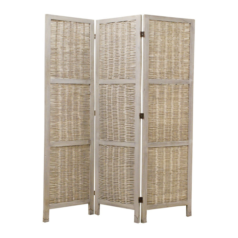 Cottage Style 3 Panel Room Divider with Willow Weaving, Gray