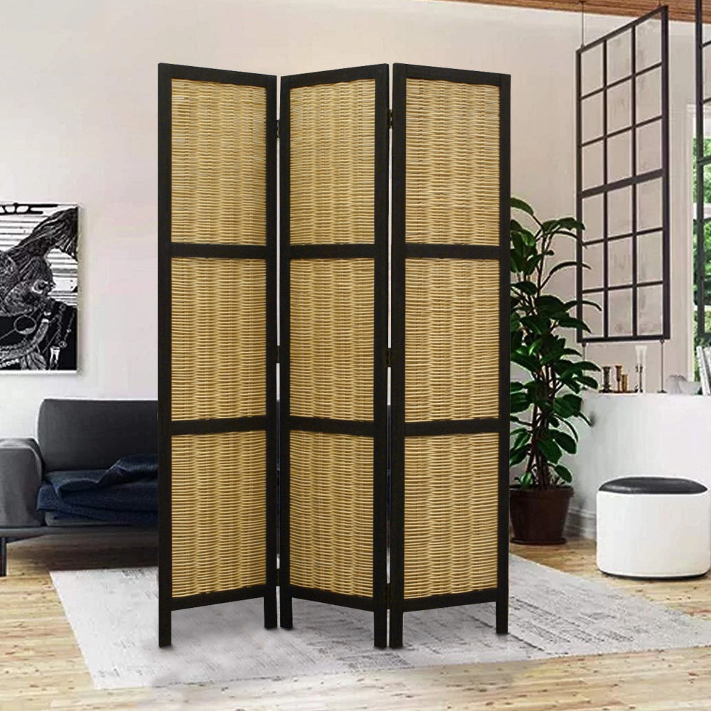 Cottage Style 3 Panel Room Divider with Willow Weaving, Black and Brown
