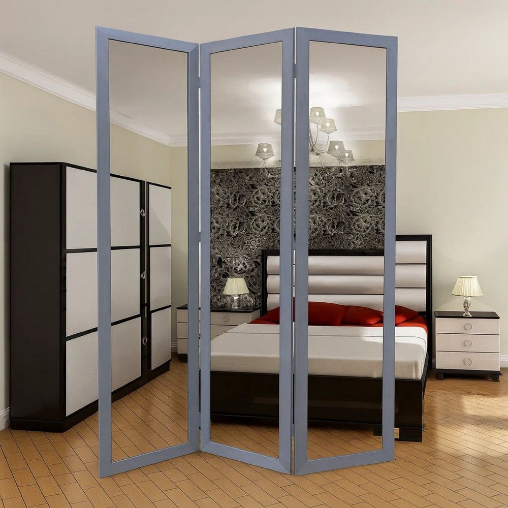 Vivian Room Divider | 3 Panel | Mirror Encased | Light Gray & Silver