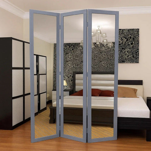 Vivian Room Divider | 3 Panel | Mirror Encased | Light Gray & Silver