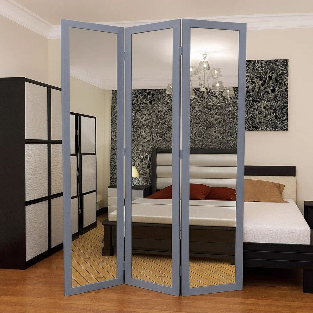 Vivian Room Divider | 3 Panel | Mirror Encased | Light Gray & Silver