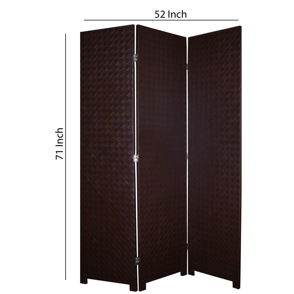 3 Panel Faux Leather Covered Room Divider with Criss Cross Design Brown BM26592