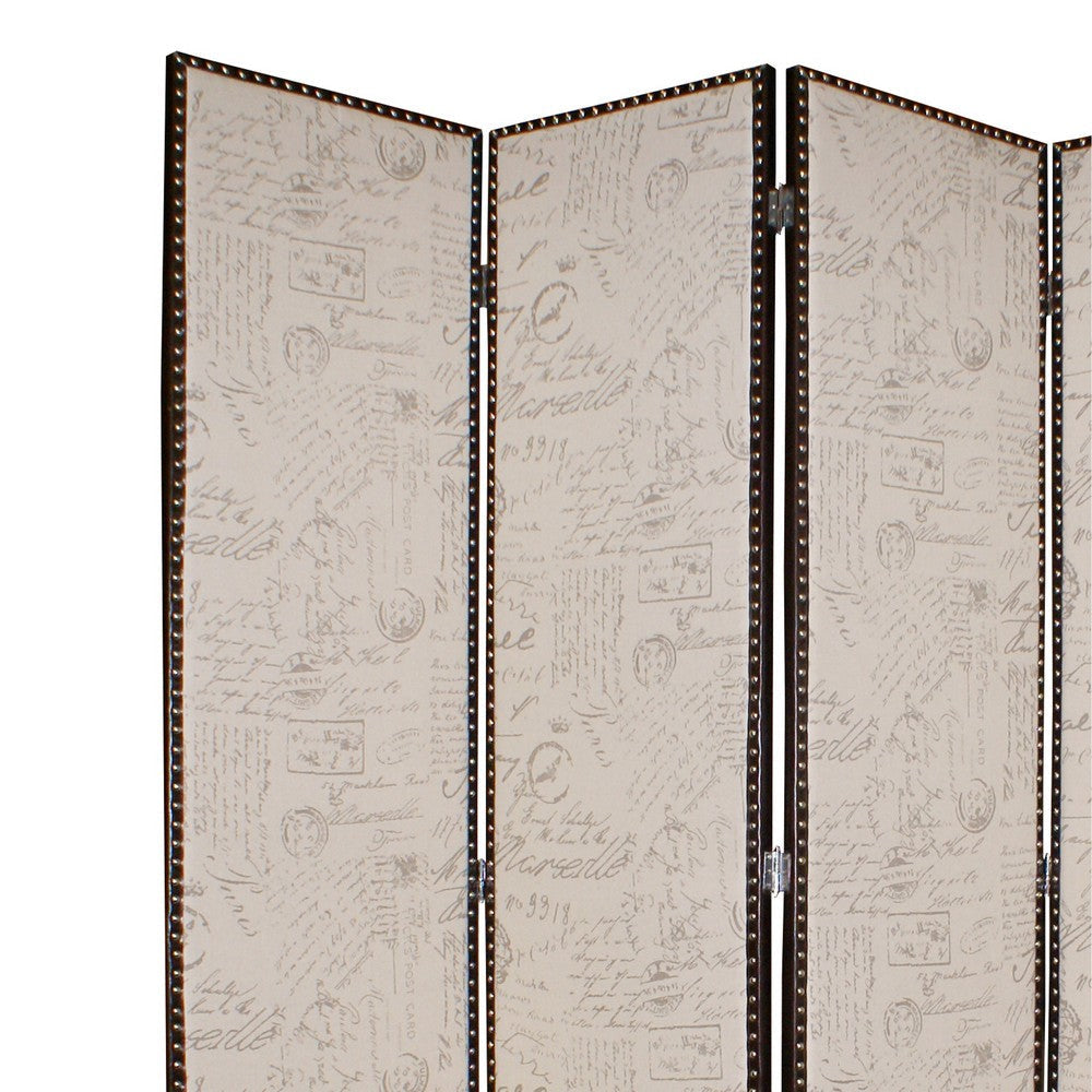 4 Panel Scripted Fabric Wooden Foldable Room Divider Beige and Brown BM26595