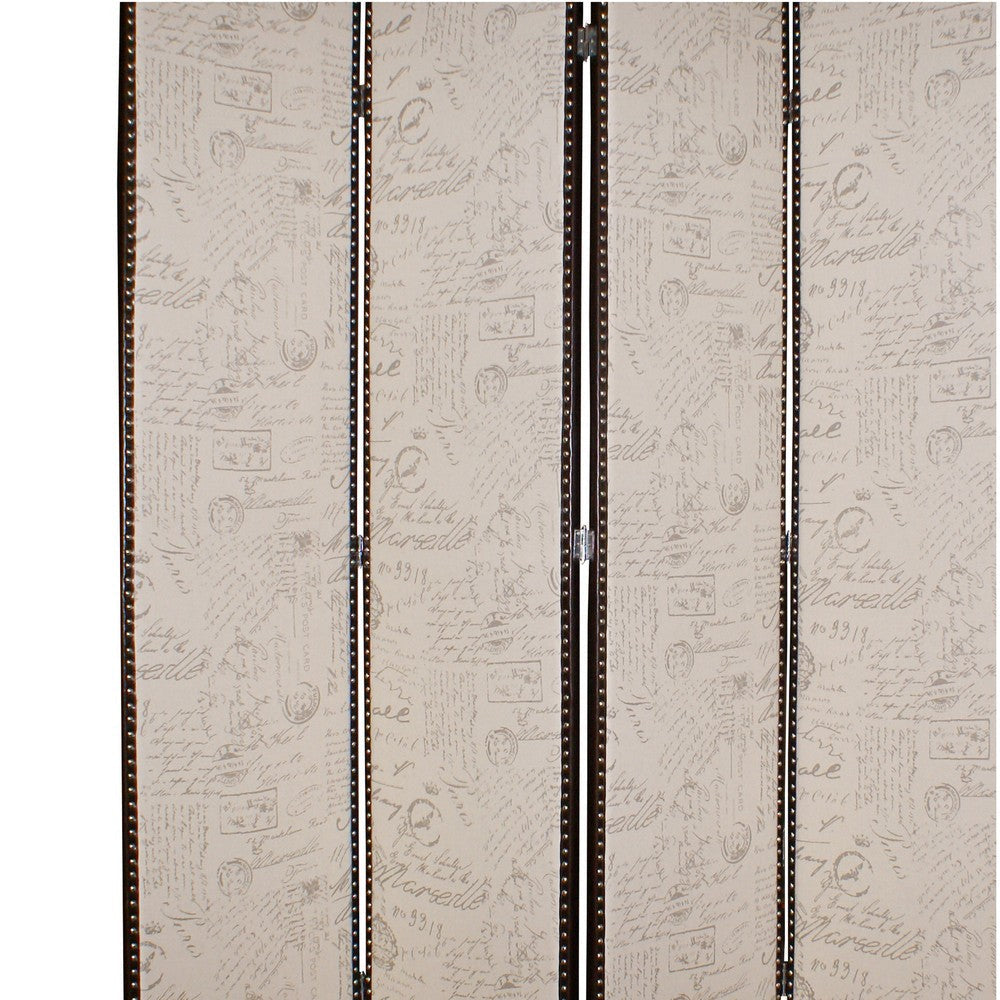 4 Panel Scripted Fabric Wooden Foldable Room Divider Beige and Brown BM26595
