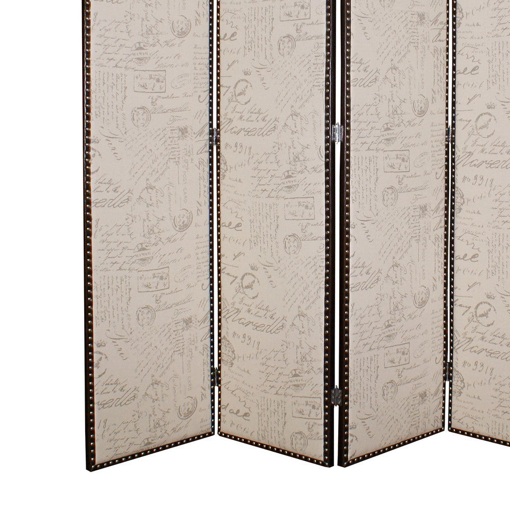 4 Panel Scripted Fabric Wooden Foldable Room Divider Beige and Brown BM26595