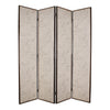 4 Panel Scripted Fabric Wooden Foldable Room Divider, Beige and Brown
