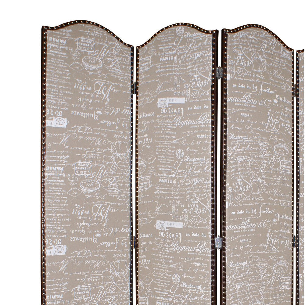 4 Panel Scripted Fabric Wooden Scalloped Room Divider Beige and Brown BM26596