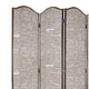 4 Panel Scripted Fabric Wooden Scalloped Room Divider Beige and Brown BM26596