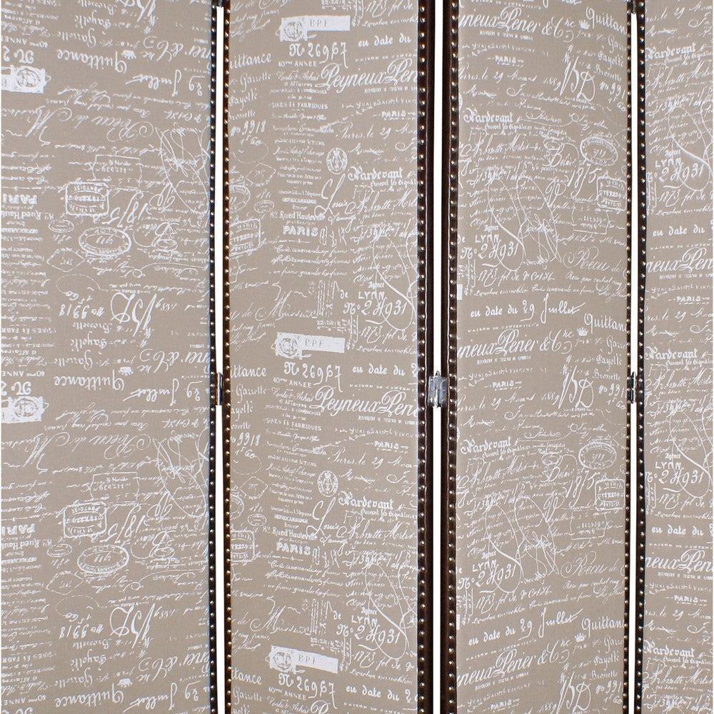 4 Panel Scripted Fabric Wooden Scalloped Room Divider Beige and Brown BM26596