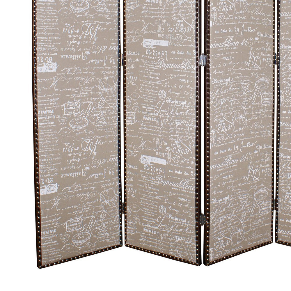 4 Panel Scripted Fabric Wooden Scalloped Room Divider Beige and Brown BM26596