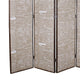 4 Panel Scripted Fabric Wooden Scalloped Room Divider Beige and Brown BM26596
