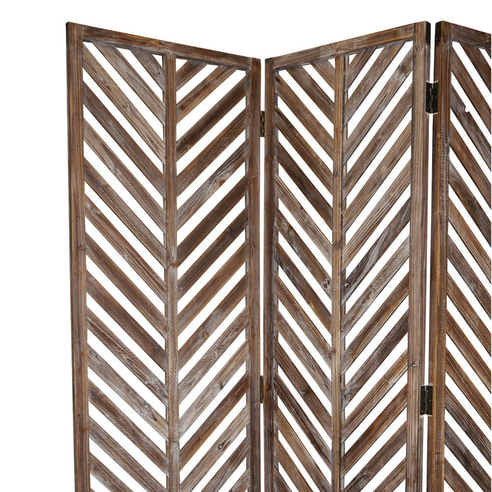 3 Panel Foldable Wooden Screen with Herringbone Pattern Brown BM26598