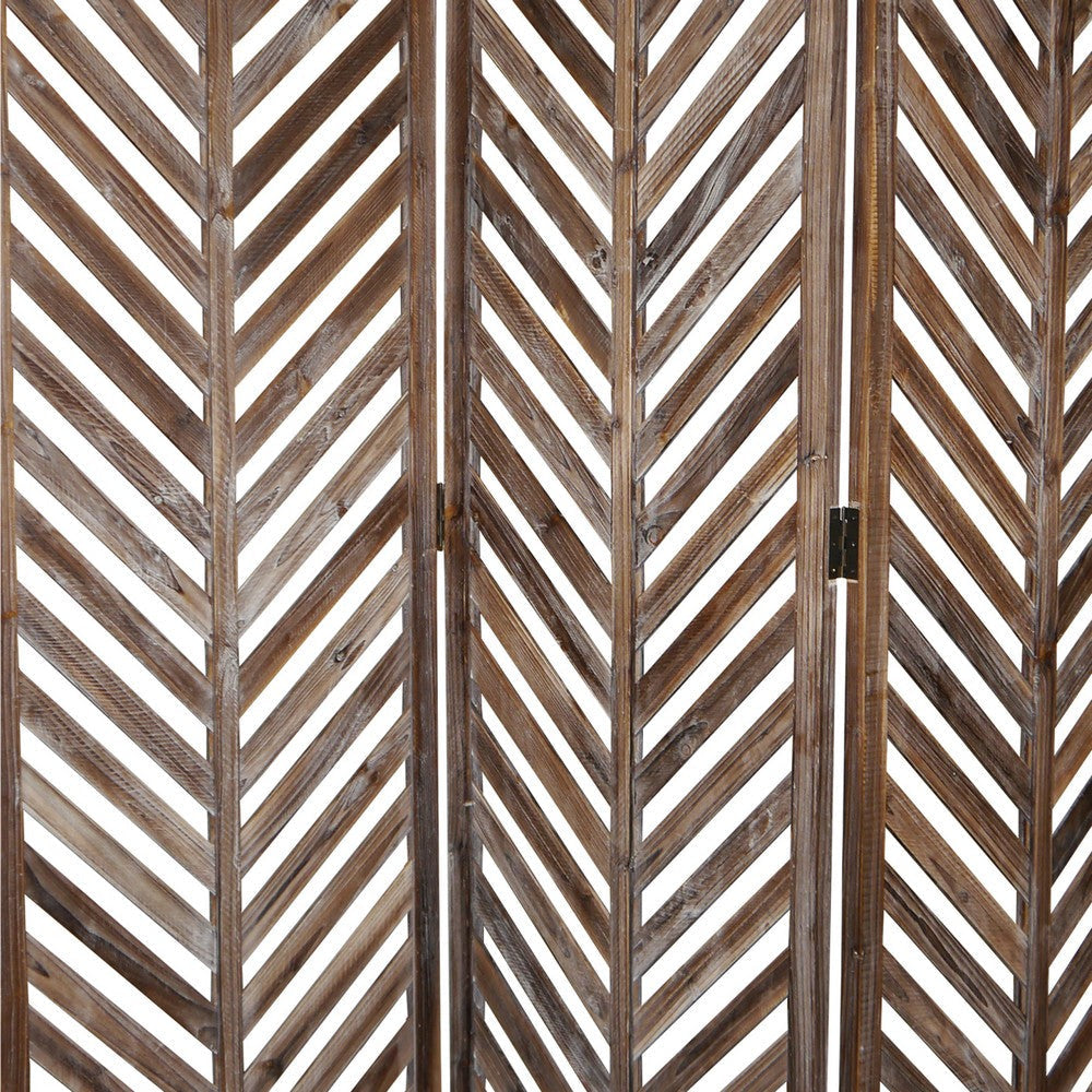 3 Panel Foldable Wooden Screen with Herringbone Pattern Brown BM26598