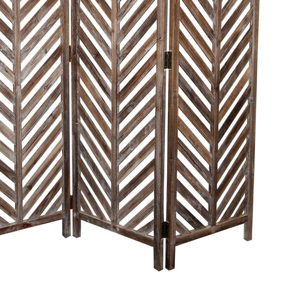 3 Panel Foldable Wooden Screen with Herringbone Pattern Brown BM26598