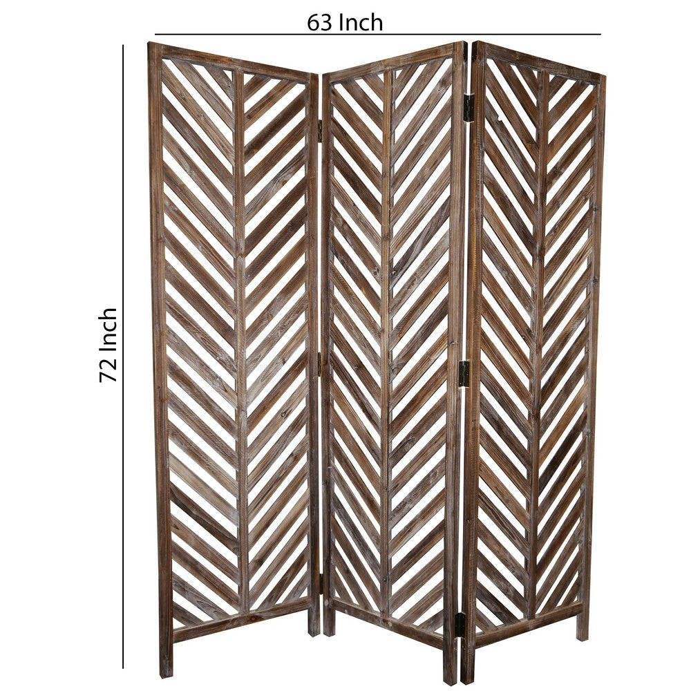 3 Panel Foldable Wooden Screen with Herringbone Pattern Brown BM26598