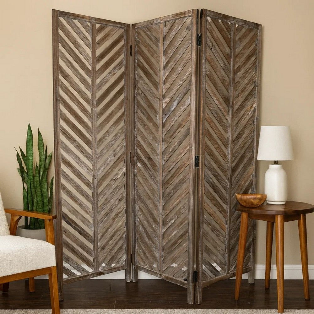 3 Panel Foldable Wooden Screen with Herringbone Pattern, Brown