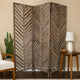 3 Panel Foldable Wooden Screen with Herringbone Pattern, Brown