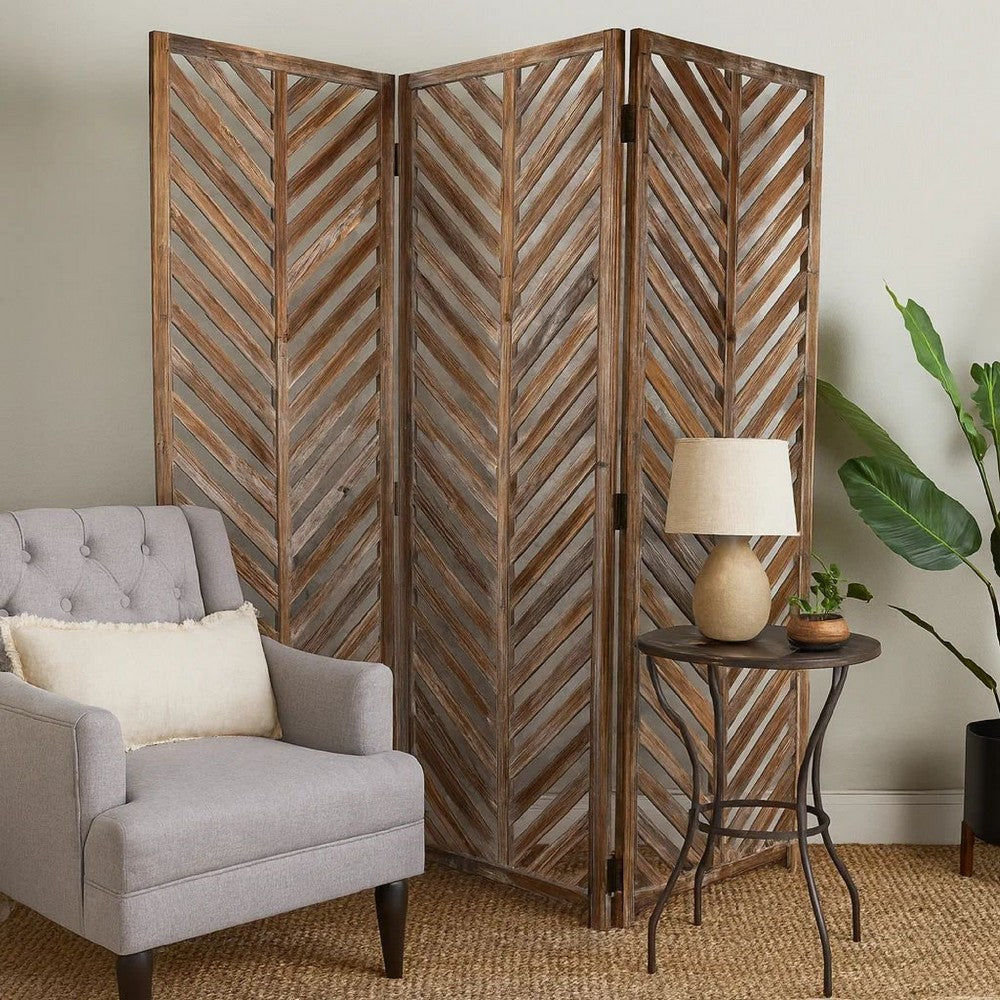 3 Panel Foldable Wooden Screen with Herringbone Pattern, Brown