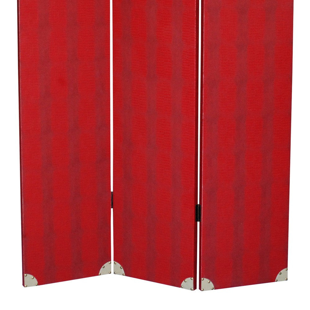 Transitional 3 Panel Wooden Screen with Nailhead Trim Red BM26603