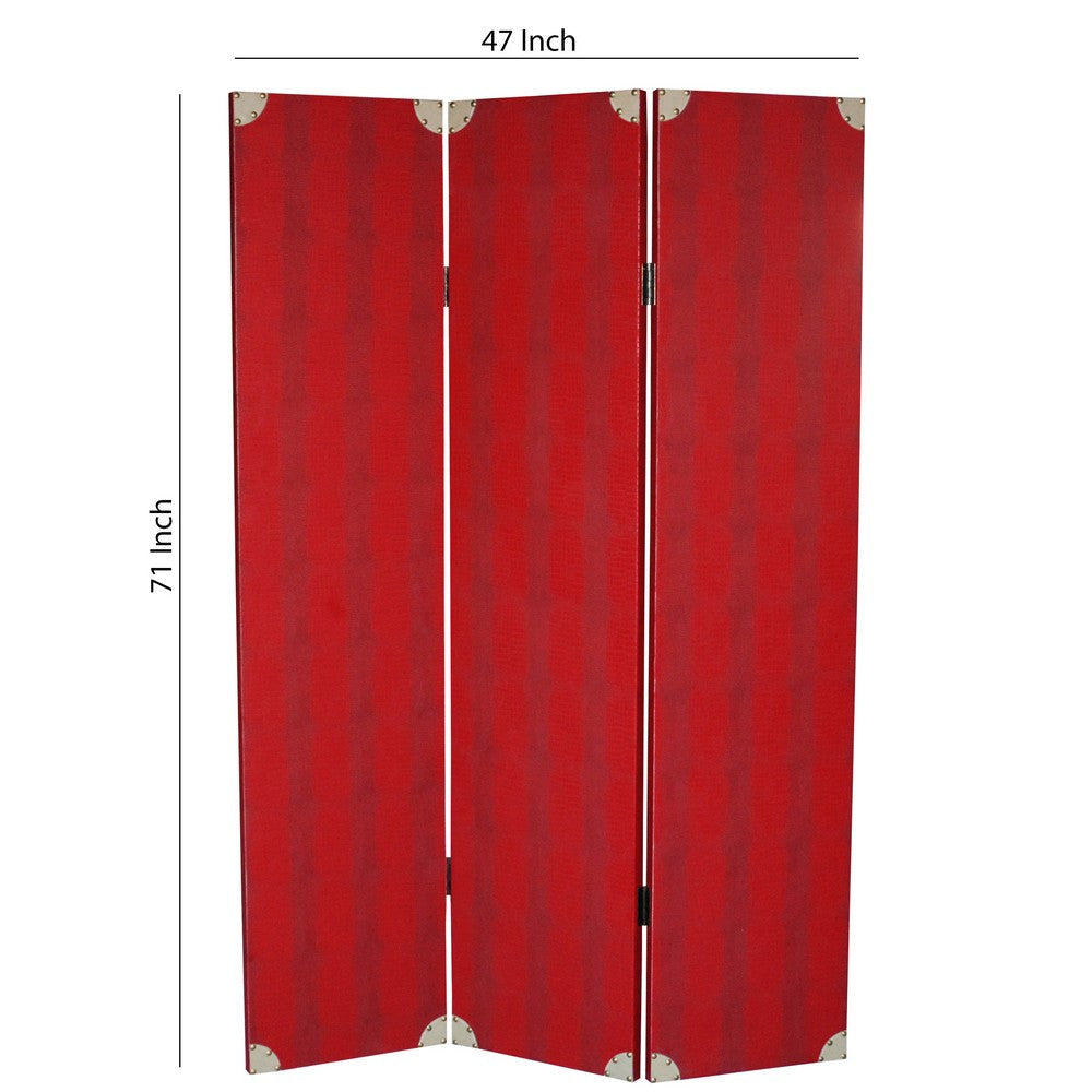 Transitional 3 Panel Wooden Screen with Nailhead Trim Red BM26603