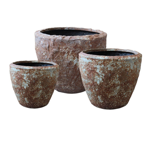 Hand Made Round Bowl Like Rocky Sandstone Planter, Brown, Set of 3