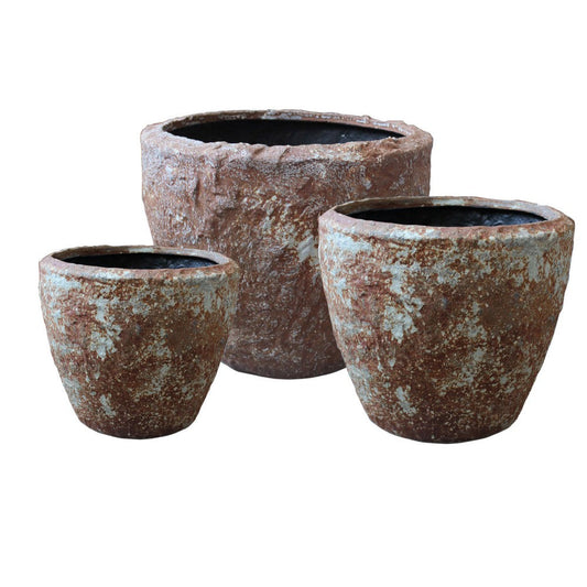 Hand Made Round Bowl Like Rocky Sandstone Planter, Brown, Set of 3