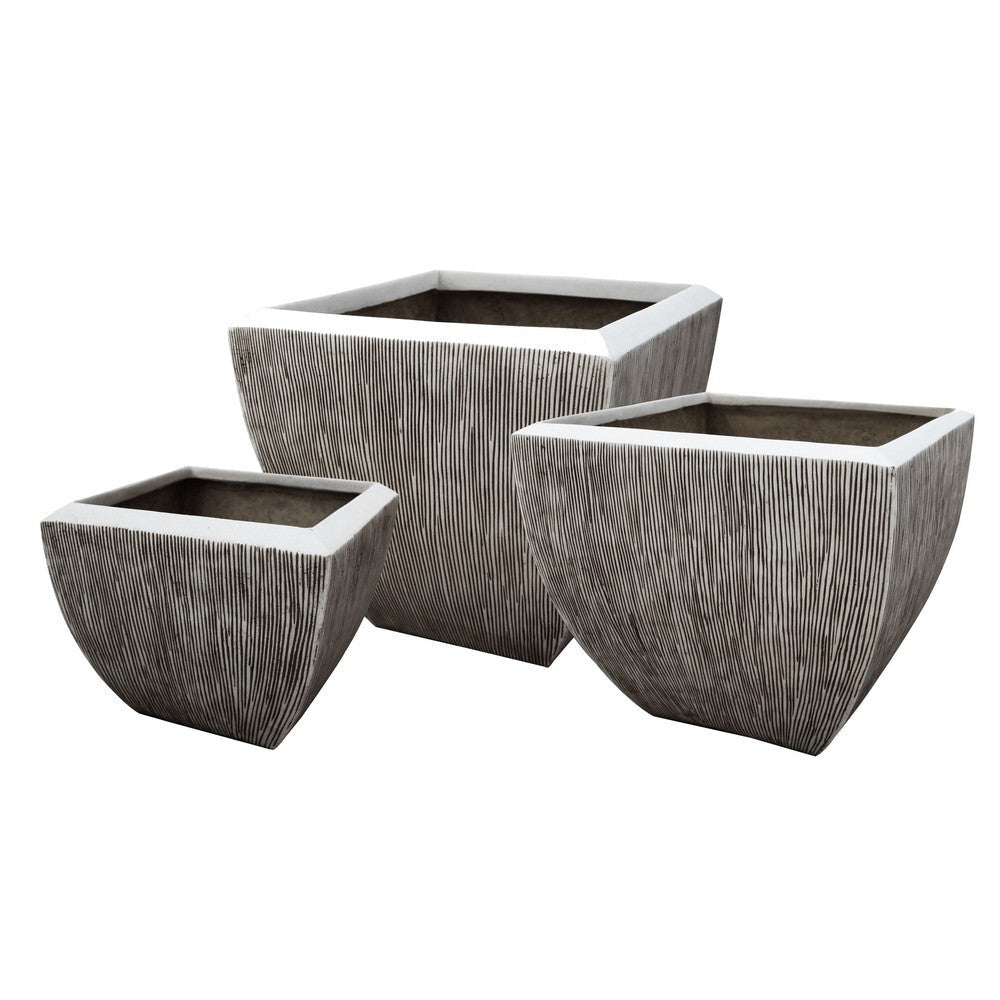 Hand Made Square Flower pot  with Ribbed Design, White, Set of 3