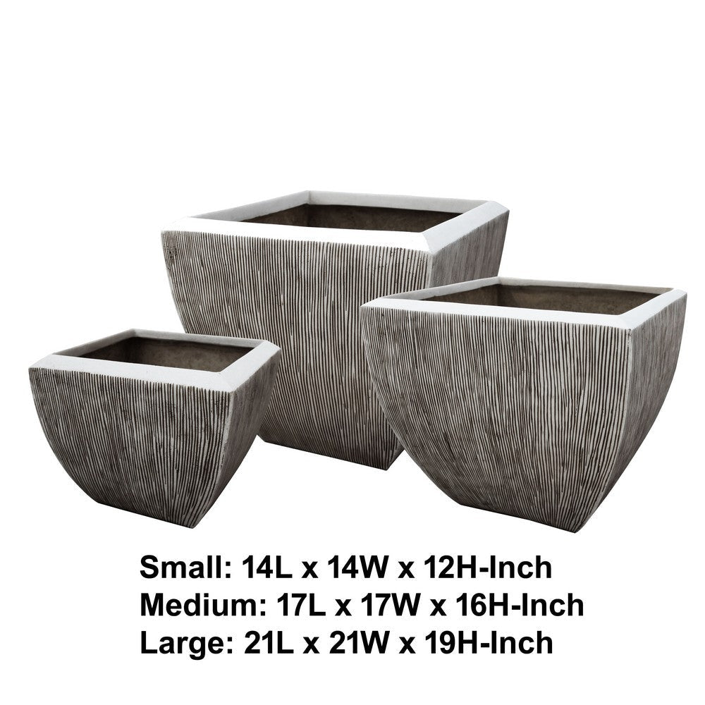 Hand Made Square Flower pot with Ribbed Design White Set of 3 BM26609