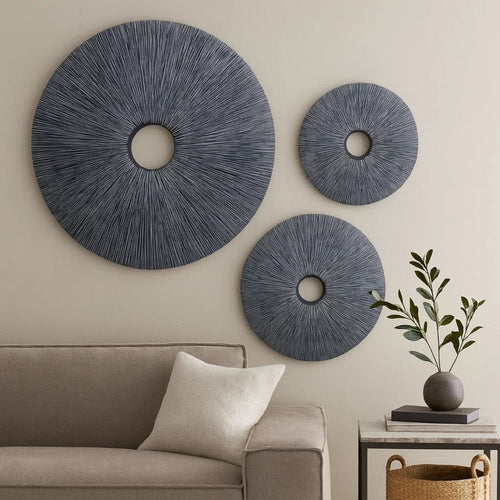 Ribbed Round Sandstone Wall Decor with Cut Out at Centre, Large, Gray