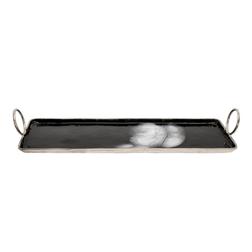 Tray with Metal and Ring Handles Black and Silver By Casagear Home BM266271