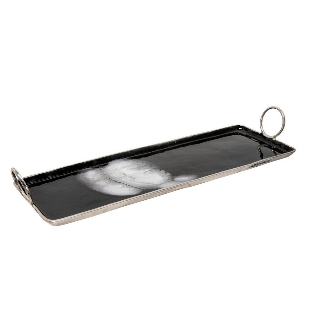 Tray with Metal and Ring Handles Black and Silver By Casagear Home BM266271