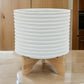 Ceramic Planter with Textured Pattern and Wooden Stand, White By Casagear Home