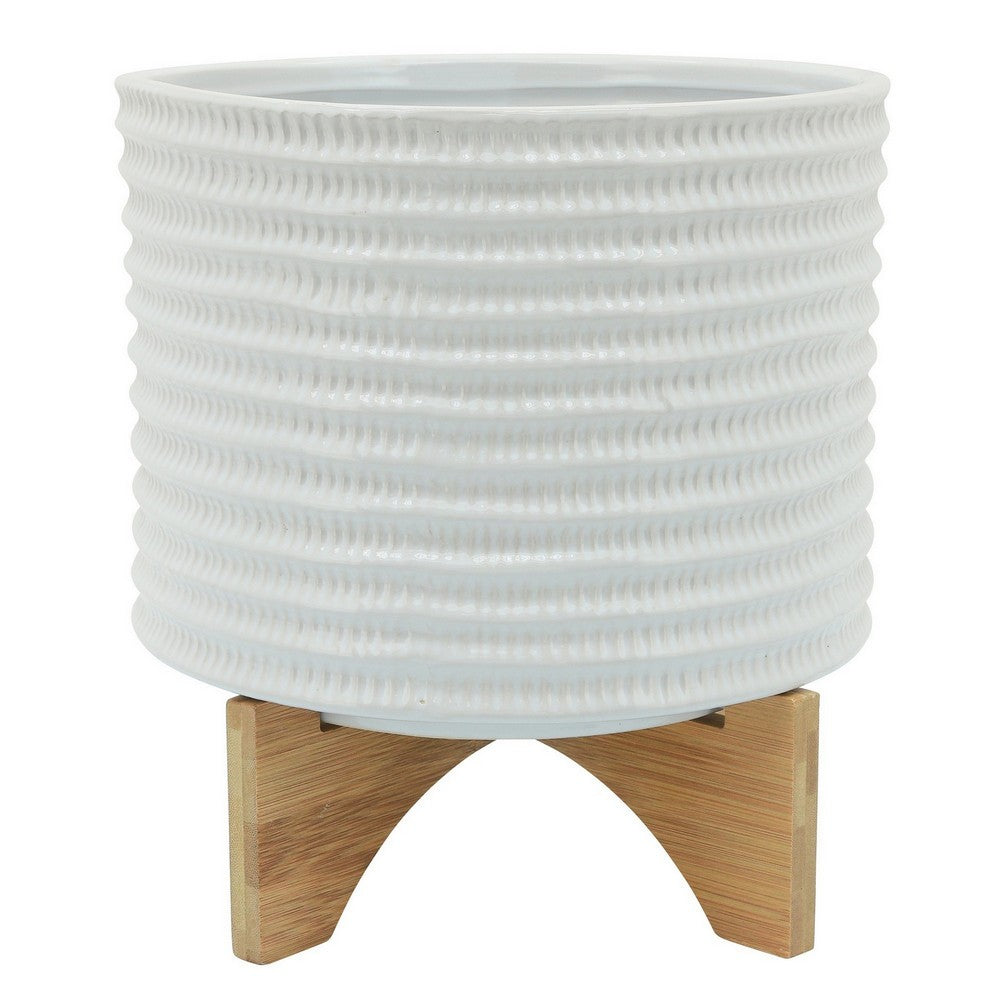 Ceramic Planter with Textured Pattern and Wooden Stand White By Casagear Home BM266285