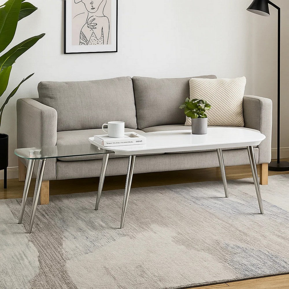 Coffee Table with Pull Out Tabletop, White and Silver