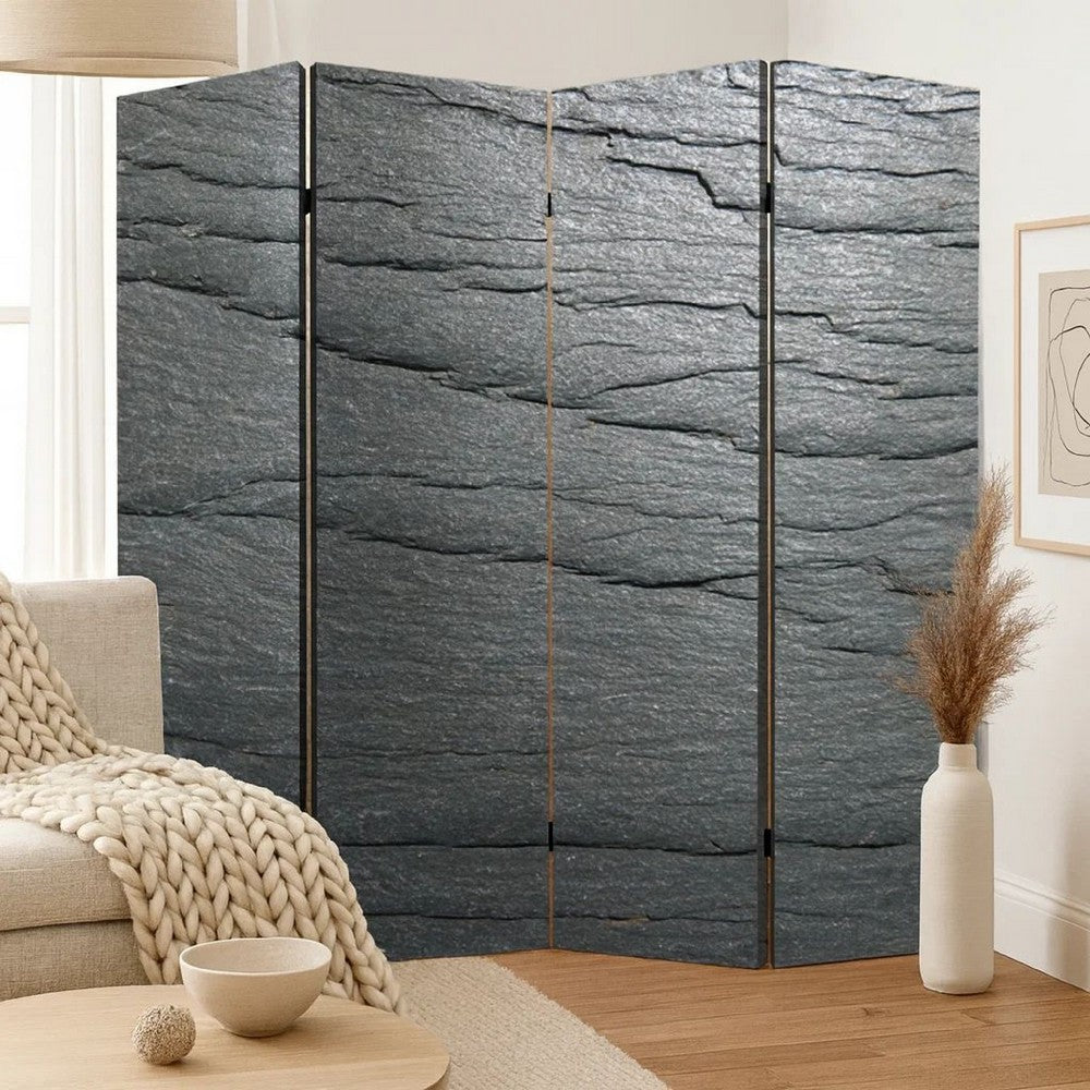 4 Panel Canvas and Metal Frame Room Divider, Slate Gray