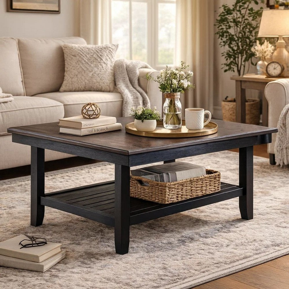 Dining Table with Rectangular Wooden Top and Open Shelf, Dark Brown