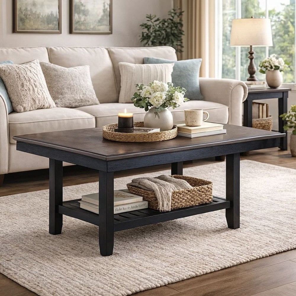 Dining Table with Rectangular Wooden Top and Open Shelf, Dark Brown