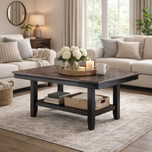 Dining Table with Rectangular Wooden Top and Open Shelf, Dark Brown