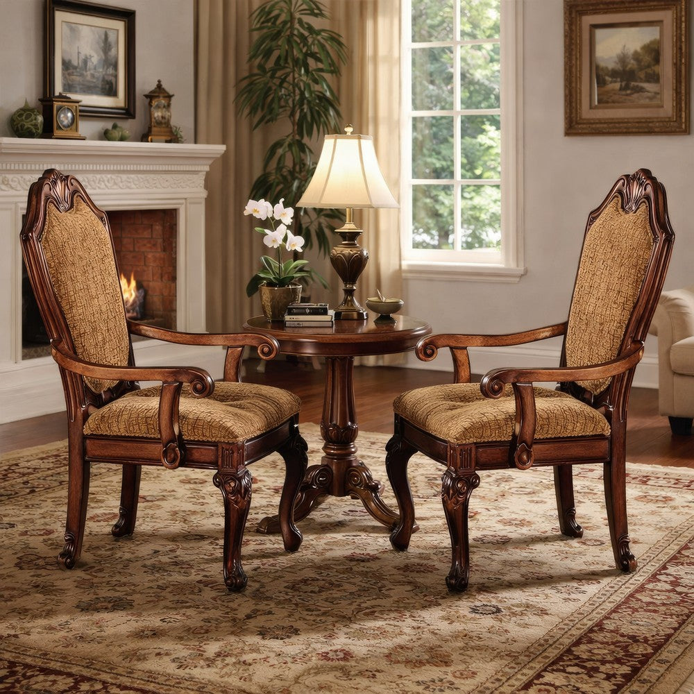 Arm Chair with Fabric Seat and Crown Top, Set of 2, Brown