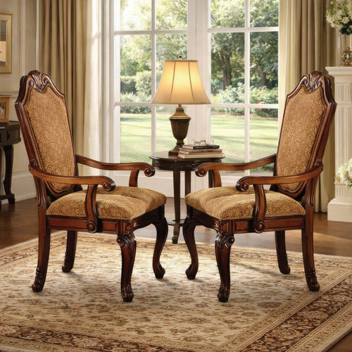 Arm Chair with Fabric Seat and Crown Top, Set of 2, Brown