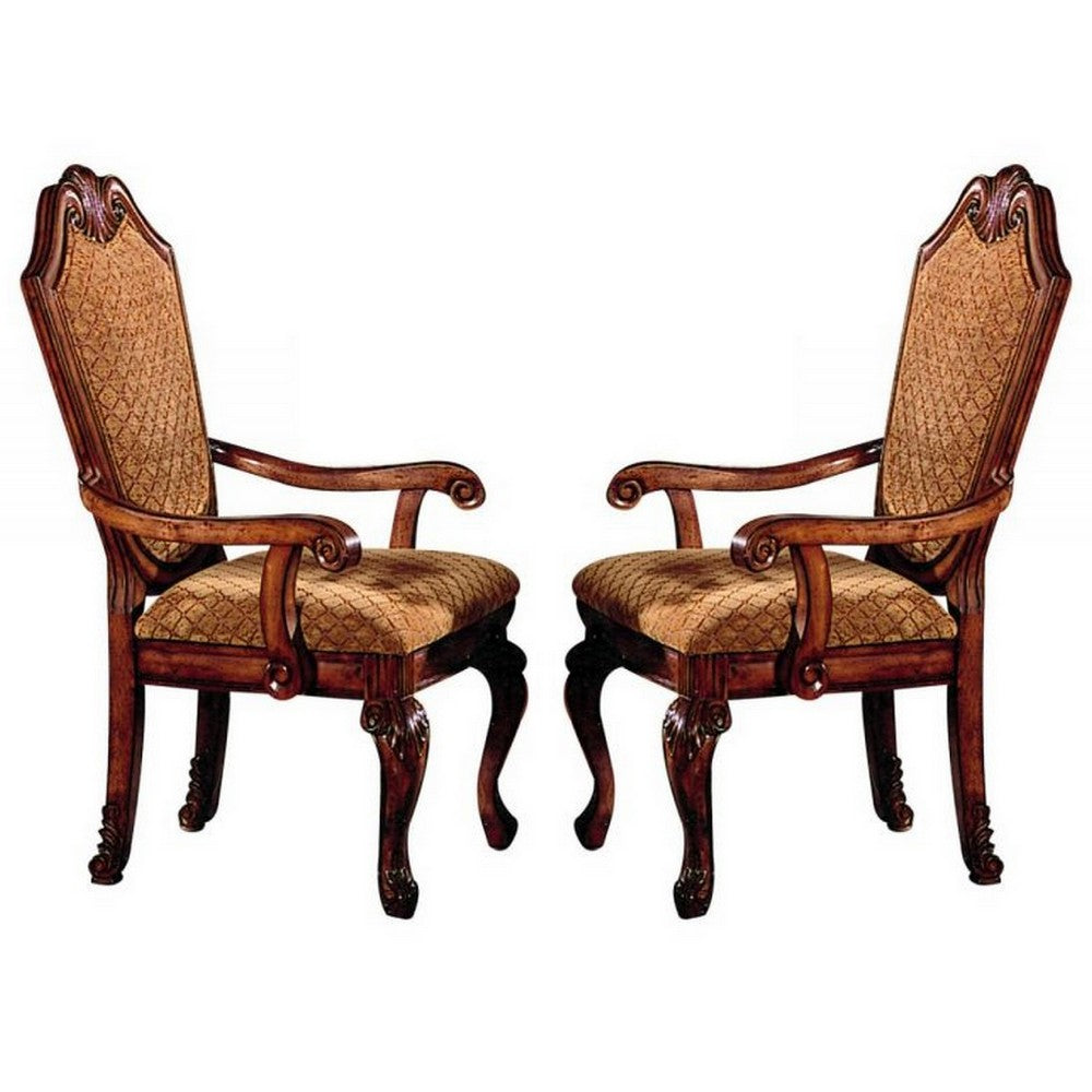 Arm Chair with Fabric Seat and Crown Top, Set of 2, Brown