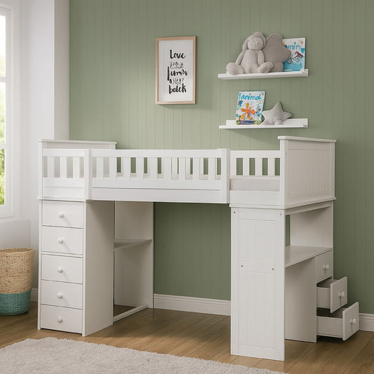 Twin Loft bed with 8 Drawers and 1 Desk, White