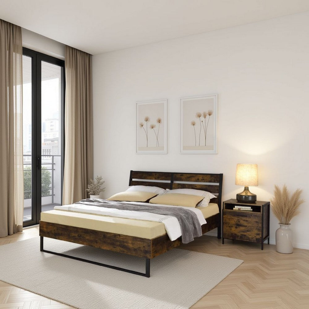 Eastern King Bed with Panel Headboard and Metal Slats, Brown and Black