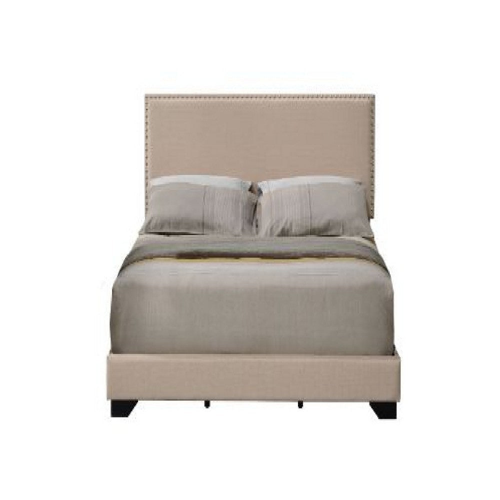 Queen Size Bed with Fabric Upholstery and Nailhead Accent Beige BM266521