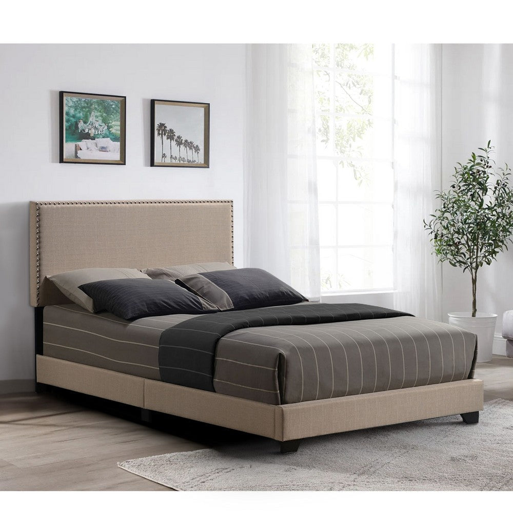 Queen Size Bed with Fabric Upholstery and Nailhead Accent, Beige
