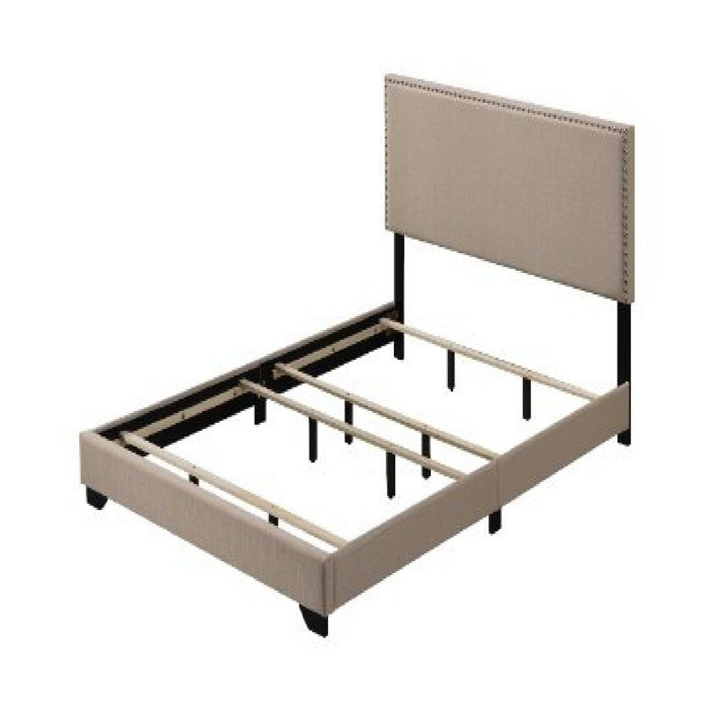 Queen Size Bed with Fabric Upholstery and Nailhead Accent, Beige